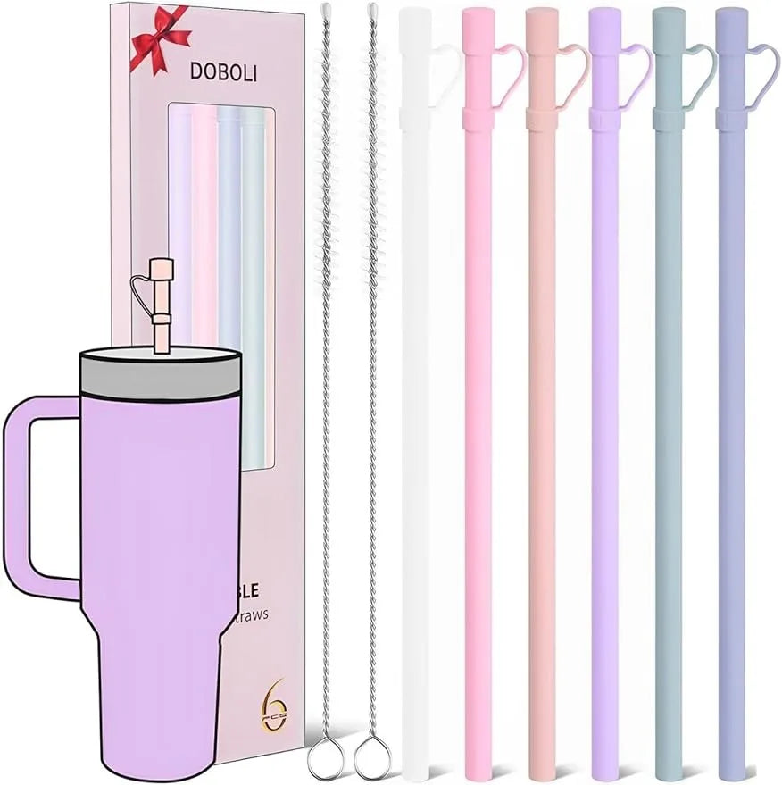 6 Pcs Replacement Long Silicone Straw With Straw Cover,Compatible with Stanley 40/30 oz Cup Tumbler,for Stanley Accessorie