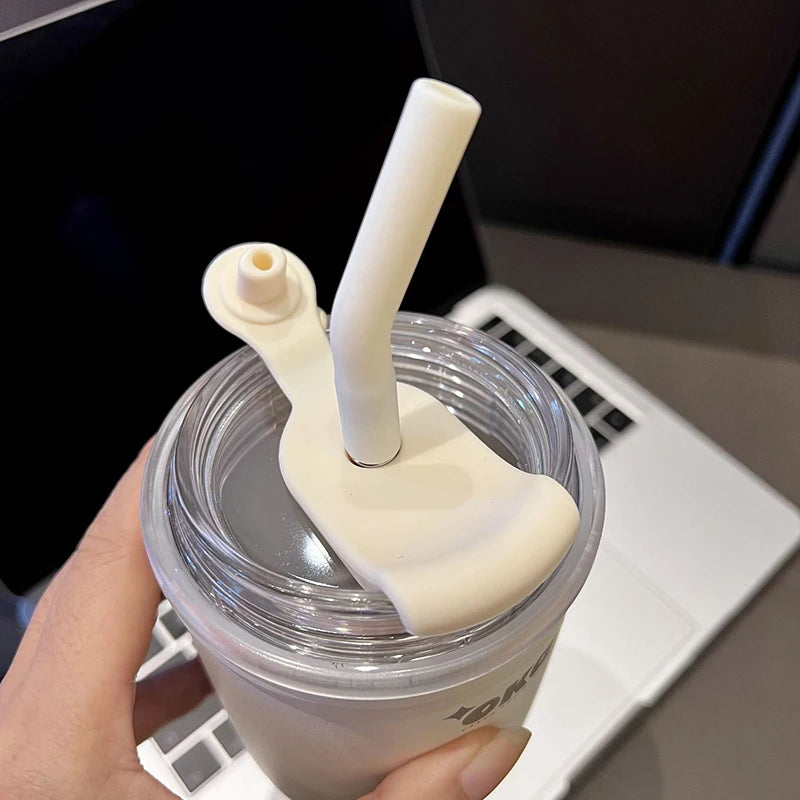 Cute Tumbler Thermos Mug For Coffee Tea Juice 650ml Sainless Steel Thermal Cup With Handle Straw Car Cup Gym Water Bottle Gift