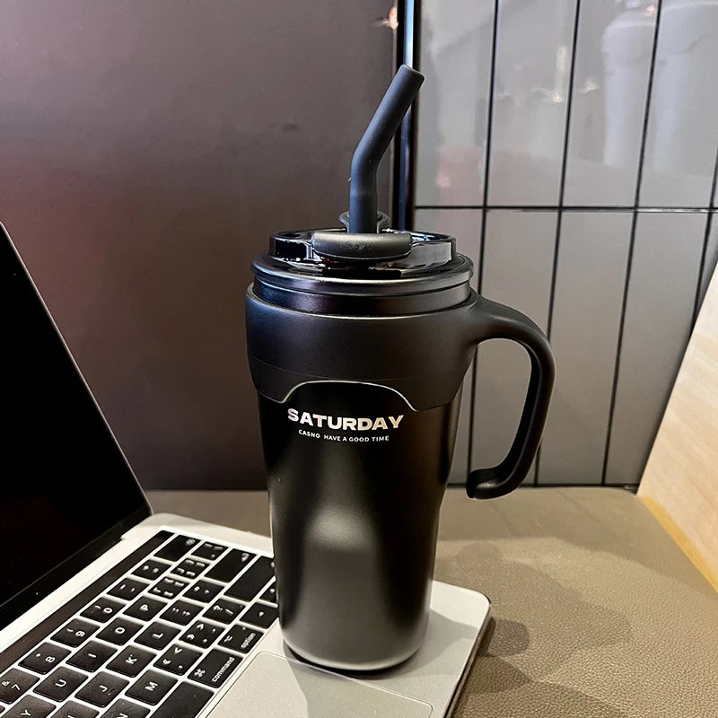 Cute Tumbler Thermos Mug For Coffee Tea Juice 650ml Sainless Steel Thermal Cup With Handle Straw Car Cup Gym Water Bottle Gift