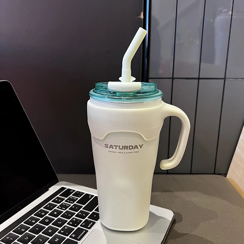 Cute Tumbler Thermos Mug For Coffee Tea Juice 650ml Sainless Steel Thermal Cup With Handle Straw Car Cup Gym Water Bottle Gift