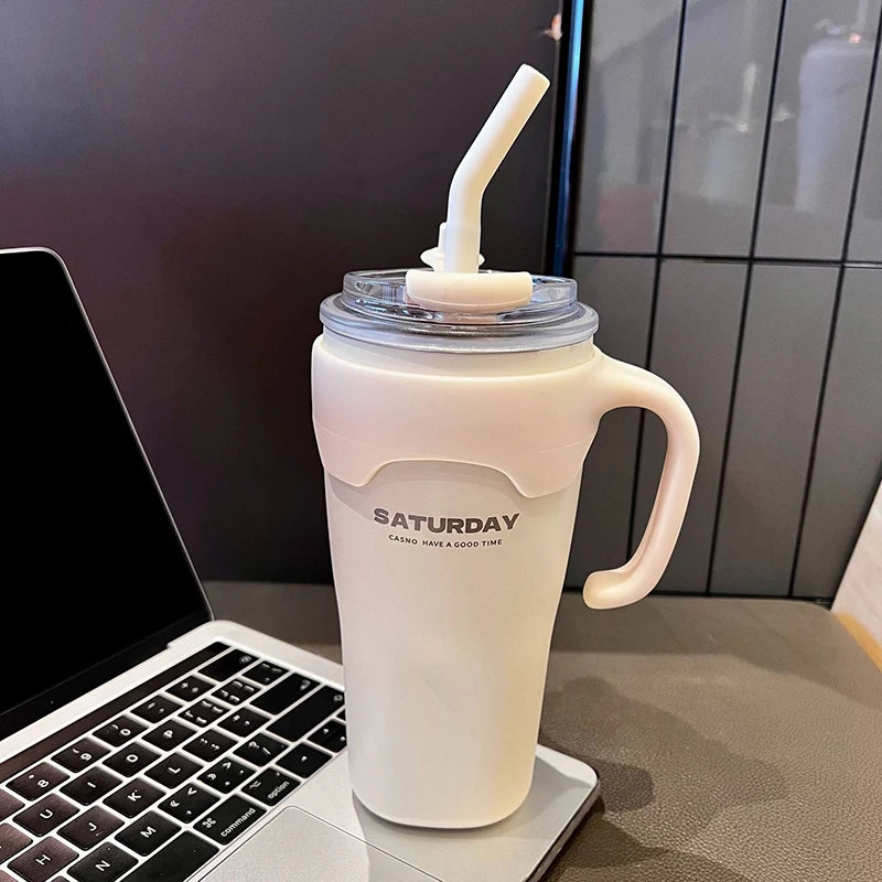 Cute Tumbler Thermos Mug For Coffee Tea Juice 650ml Sainless Steel Thermal Cup With Handle Straw Car Cup Gym Water Bottle Gift