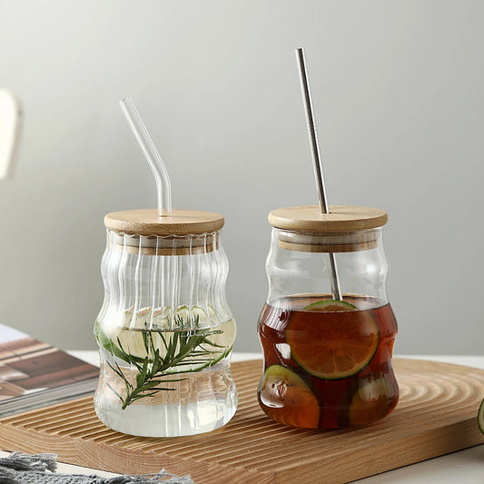 500ml Glass Tumblers Cups With Straw Mason Jar Clear Juice Coffee Milk Cup With Bamboo Lids Drinkware Stripe Beer Mug