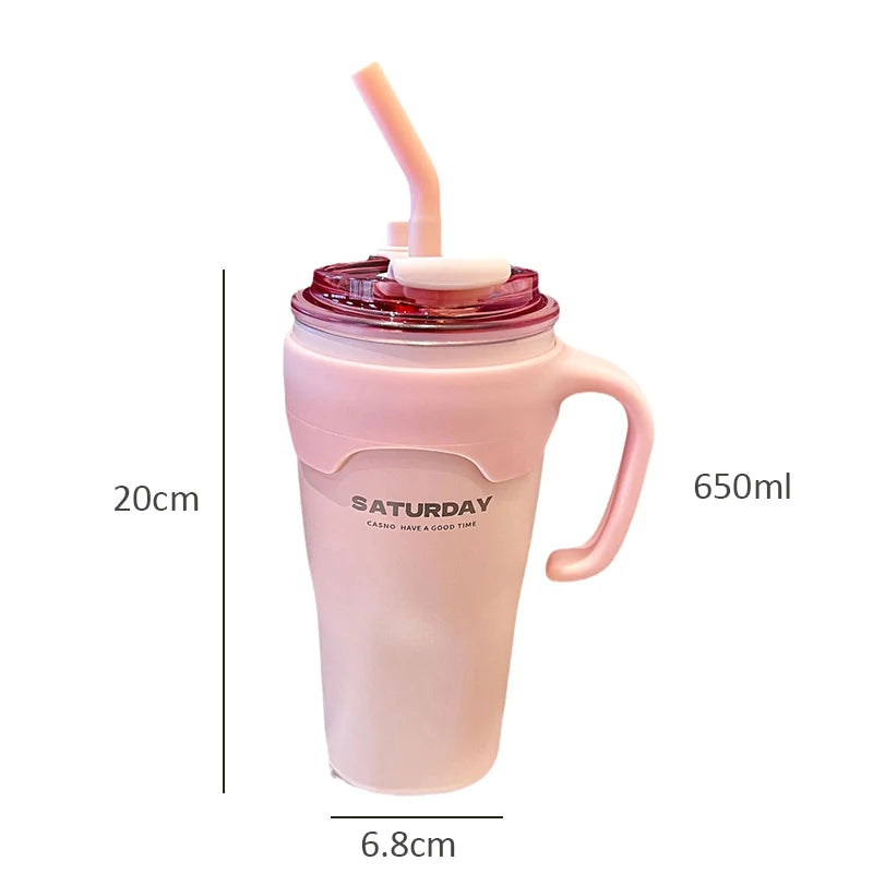 Cute Tumbler Thermos Mug For Coffee Tea Juice 650ml Sainless Steel Thermal Cup With Handle Straw Car Cup Gym Water Bottle Gift
