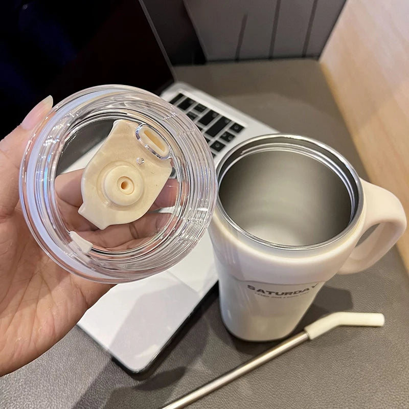 Cute Tumbler Thermos Mug For Coffee Tea Juice 650ml Sainless Steel Thermal Cup With Handle Straw Car Cup Gym Water Bottle Gift
