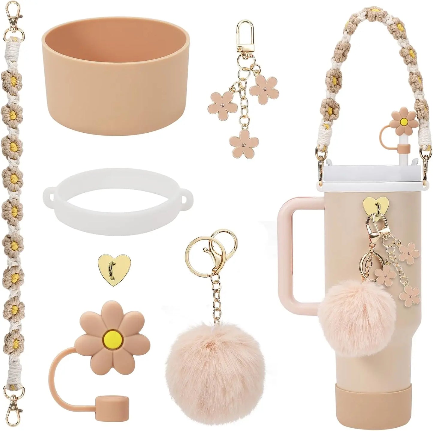 7pcs Cup Accessories Set for Stanley Including Handle Strap, Siliocne Cup Boot Straw Cover Charms for 40oz & 30oz Tumbler