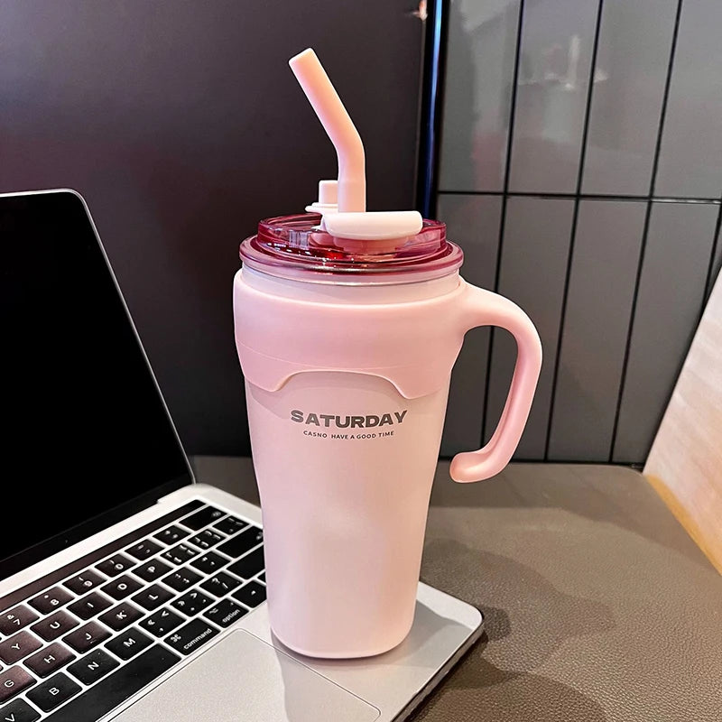 Cute Tumbler Thermos Mug For Coffee Tea Juice 650ml Sainless Steel Thermal Cup With Handle Straw Car Cup Gym Water Bottle Gift