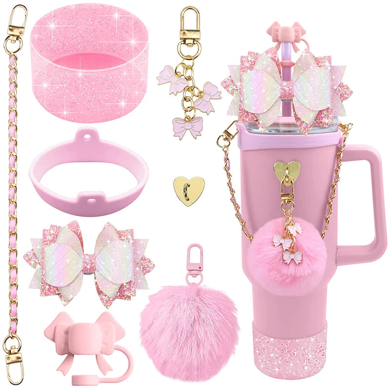 Bling Stanley Cup Accessories For 40oz & 30oz Tumbler Including Silicone Cute Bow Straw Topper Cover, Silicone Stanley Cup Boot