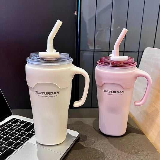 Cute Tumbler Thermos Mug For Coffee Tea Juice 650ml Sainless Steel Thermal Cup With Handle Straw Car Cup Gym Water Bottle Gift