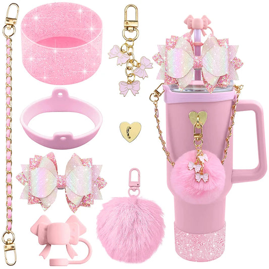 Bling Stanley Cup Accessories For 40oz & 30oz Tumbler Including Silicone Cute Bow Straw Topper Cover, Silicone Stanley Cup Boot